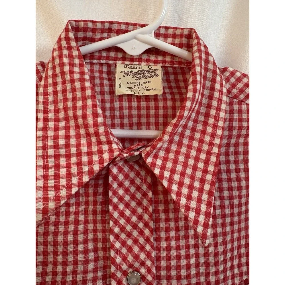 Vintage 70s Sears Western Pearl Snap Shirt Red White Cowboy Button Boy's Size 6
